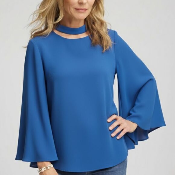 CHICO'S Royal Blue Choker Bell Sleeve Top M - Picture 3 of 11